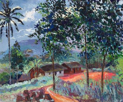 null Jean Marcel BUCHAILLE (1903-1986) Village à Yaoundé, Cameroun, 1966. Huile sur...