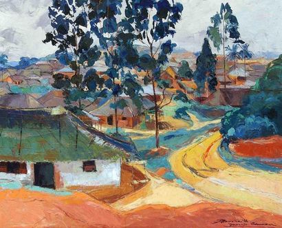 null Jean Marcel BUCHAILLE (1903-1986) Entrée de village à Yaoundé, Cameroun. Huile...