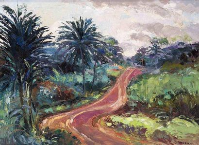 null Jean Marcel BUCHAILLE (1903-1986) Route latérite, Cameroun. Huile sur toile...