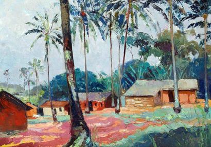 null Jean Marcel BUCHAILLE (1903-1986) Village, Cameroun. Huile sur toile non signée....