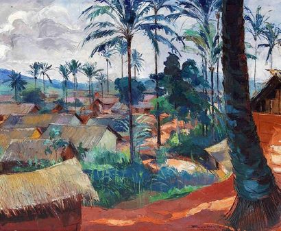 null Jean Marcel BUCHAILLE (1903-1986) Rue de village à Yaoundé, Cameroun. Huile...