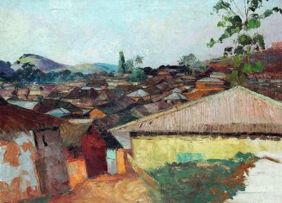 null Jean Marcel BUCHAILLE (1903-1986) Toits de village, Cameroun. Huile sur toile...