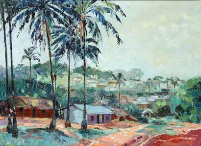 null Jean Marcel BUCHAILLE (1903-1986) Village aux cocotiers, Cameroun. Huile sur...