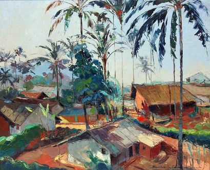 null Jean Marcel BUCHAILLE (1903-1986) Toits colorés, village, Cameroun. Huile sur...