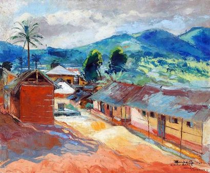 null Jean Marcel BUCHAILLE (1903-1986) Quartier Bafia, Yaoundé, Cameroun, 1961. Huile...