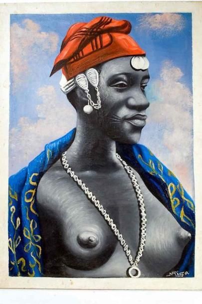 null Ndieng RIGOBERT (1930-2011). Jeune femme du Cameroun vers 1950. Huile sur toile....