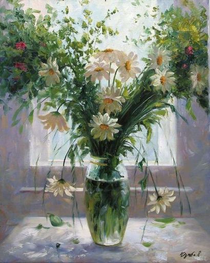 null DZUBA Elena. Bouquet champêtre. Huile sur toile signée. 50 x 40 cm