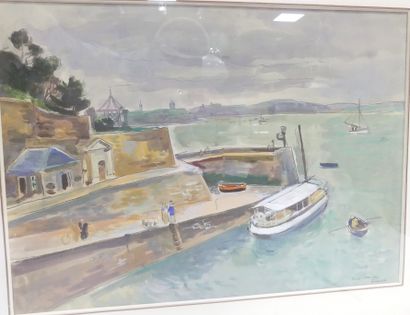 null André PLANSON. Le Port de Dinard. Aquarelle signée et datée 1946. 45x61 cm.