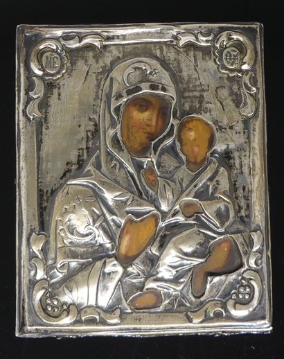 null ICONE de voyage figurant la Vierge à l'Enfant, rezza en argent. Russie, 184...
