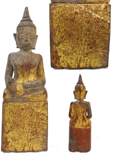 null Bouddha en bois laqué partiellement doré assis en position de la prise de la...