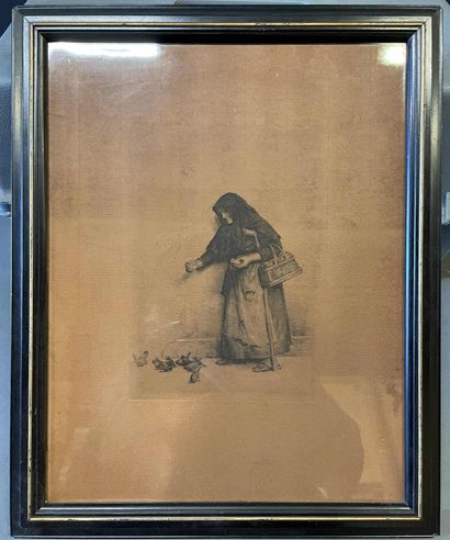 null Carl BLOCH (1834-1890). Vieille femme nourissant les pigeons. Eau-forte, signée...
