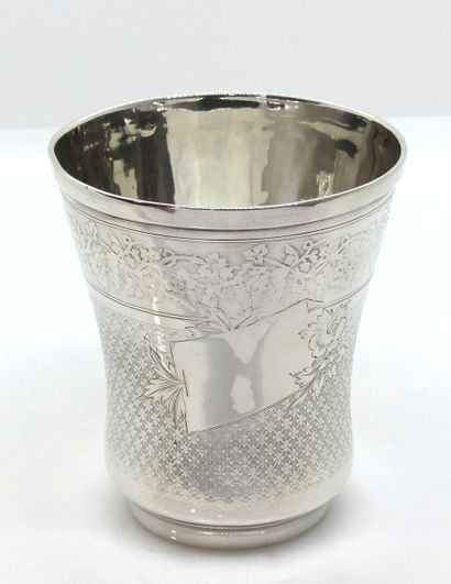 null Large silver TIMBAL with flared neck, guilloche decoration of vine on a background...