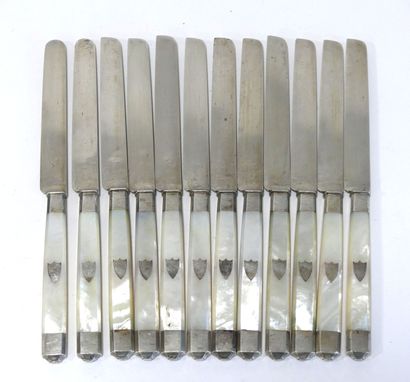 null TWELVE fruit knives silver blade 800 mil. mother-of-pearl handles. Province,...