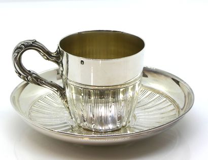 null MUG and its under-mug in silver with stripes, the handle foliated. Hallmark...
