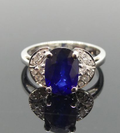 null RING in white gold 750 mils set with an oval faceted Ceylon sapphire with 14...