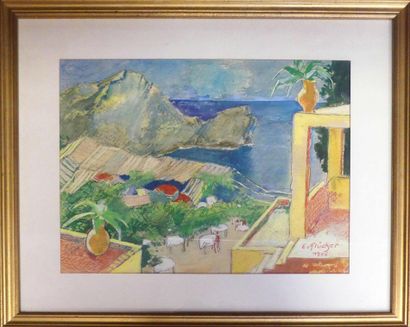  E. GUCKLER. Terrasse sur la Méditerranée. Aquarelle signée et datée 1956. 24 x 32...