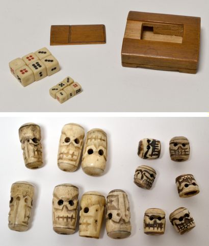 null JAPON. Original JEU de dés miniature en bambou, contenant six dès et escamotés...