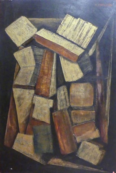  Nicole CAPLAIN (1947). Composition aux livres. Huile sur panneau signée en haut...