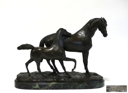 null Joseph Victor CHEMIN (1824-1901) Jument et son poulain. Epreuve en bronze à...