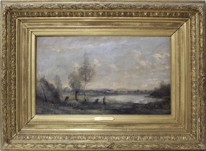 null Adolphe DE VILLERS (1872-1930/34) Promeneur en bord d'étang. Huile sur toile...