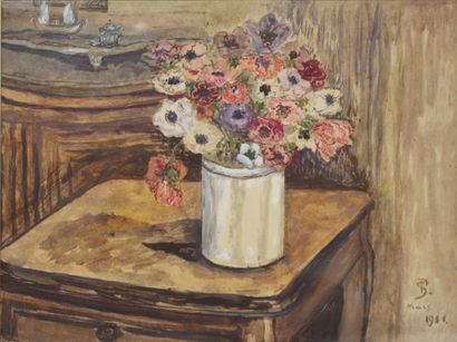 null Pierre STEVENS, XXth Vase of roses. Watercolor monogrammed in the upper right...