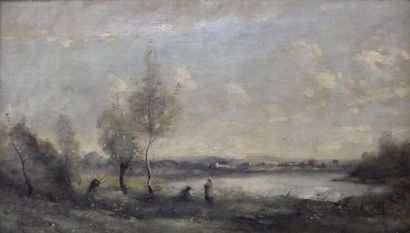 null Adolphe DE VILLERS (1872-1930/34) Promeneur en bord d'étang. Huile sur toile...