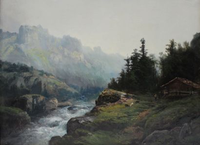 null Théodore LÉVIGNE (1848-1912) Rivière de montagne animée. Huile sur toile signée...
