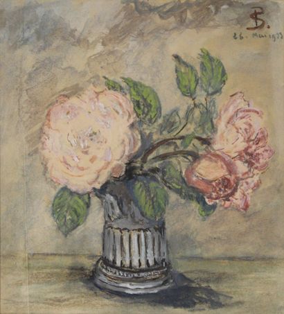 null Pierre STEVENS, XXe Vase de roses. Aquarelle monogrammée en haut à droite et...