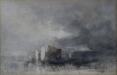  Eugène DESHAYES (1862/68-1939) Effet de ciel et voiliers. Lavis d'encre et aquarelle...