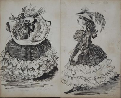 null Henry Bonaventure MONNIER (1805-1877) Aux eaux, 1860. Deux caricatures de femme...