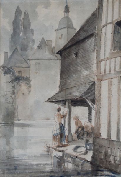 null Charles HUARD (1874-1965) Washerwomen in town. Watercolor bearing an oval stamp...