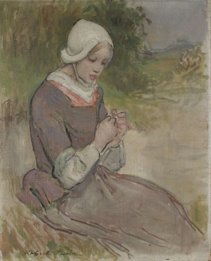 null Robert NOIR (1864-1931) Femme paysanne et effeuillant une marguerite. Huile...