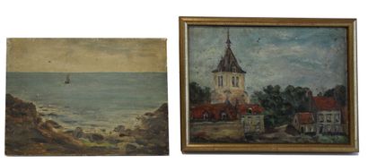 null Pierre STEVENS, XXth Church of Bergues. Oil on cardboard monogrammed and dated...