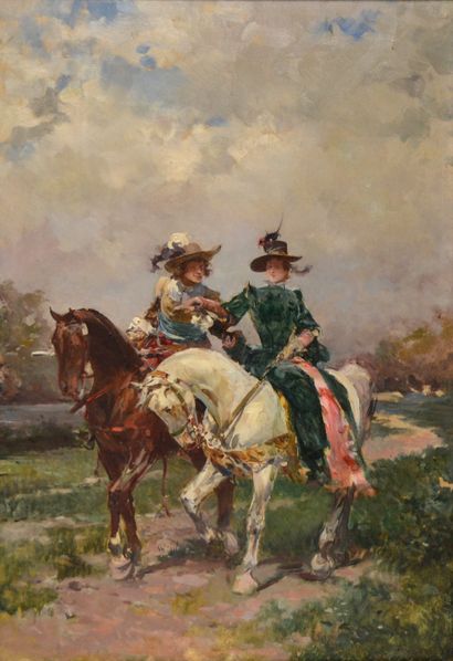 null Ludovico MARCHETTI (1853-1909) (Attribué à) Couple galant à cheval en habit...