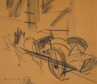 null Pierre LE TRIVIDIC (1898-1960) Charrette à cheval. Fusain sur papier brun signé...