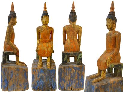 null Intéressant et rare Bouddha en bois polychrome assis à l'européenne - Bel objet...