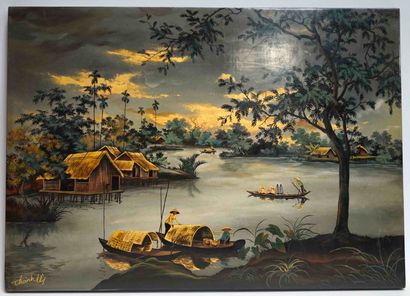  Nguyen THÀNH LÊ (1919-2003). Paysage de rivière. Panneau laqué. 50 x 70 cm.