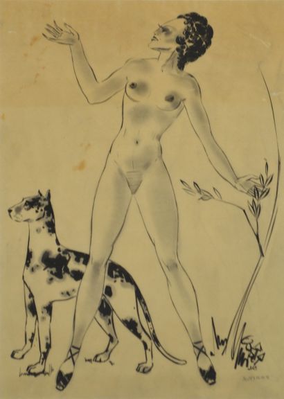 null Lucien VIROT (1909-2003) Femme nue au dogue. Encre sur papier calque signé du...