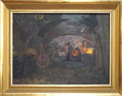null Claude FIRMIN (1864-1944). A la forge. Huile sur bois signée et datée 1903 en...