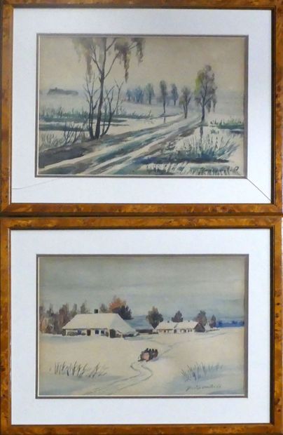 null Ecole russe. Traineau, aquarelle signés et datés 1951 et Paysage aux arbres,...