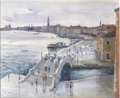 null Jean LEYSSENNE (1921-2009). Venise sous la pluie. Aquarelle signée en bas à...