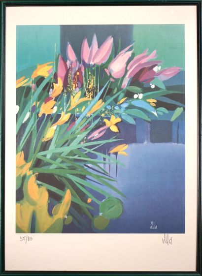VILLA (XXe). Bouquet de tulipes. Lithographie...