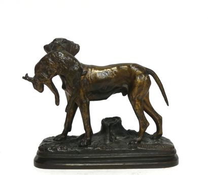 null Alfred DUBUCAN (1828-1894). CHIEN au lièvre. Epreuve en bronze à patine brun...
