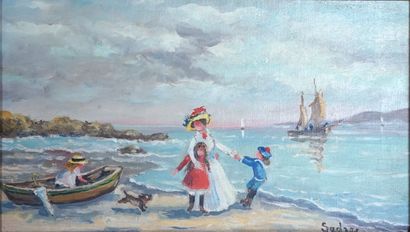 null Serge SÉDRAC (1878-1974). Elégante et enfants sur la plage. 17 x 27 cm.