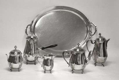 null ERCUIS. TEA, COFFEE and CHOCOLATE SERVICE, in silver plated metal with ribs,...