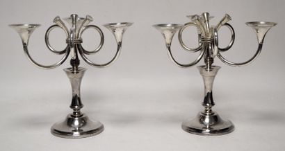 null ERCUIS Pair of silver-plated metal CANDLES, with three arms of light, the wicks...