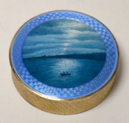 null PILLS BOX in silver guilloche and gilded, the lid enamelled blue of a landscape...