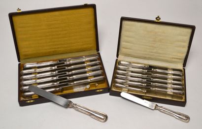 null Twelve table knives and twelve cheese knives in silver plated metal, the blades...