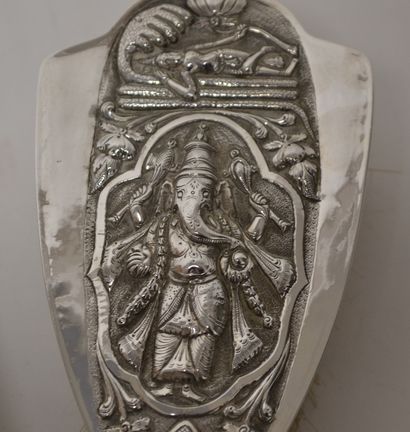 null Silver toiletry set, with embossed decoration of Indian deities including a...