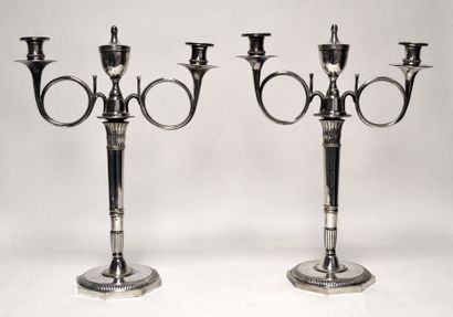 null Pair of silver plated CANDELABRES on octagonal base, the shafts column, the...